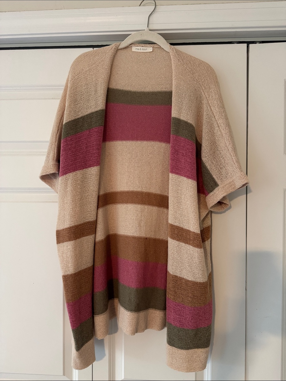 Striped Open-Front Cardigan Shrug in Beige, Pink & Olive